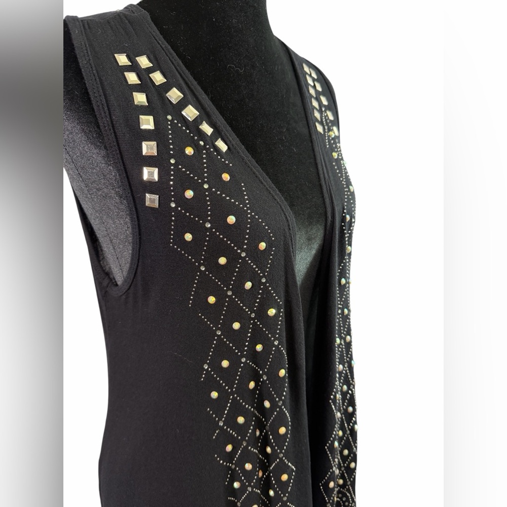 Vocal Black Long Vest with Rhinestone & Metal Studded Design, Size Large - Picture 2 of 9